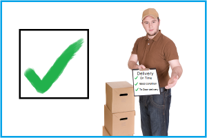 Online Mallimage of what looks like a delivery man with some boxes on teh floor, holding a clipboard with a big green tick.