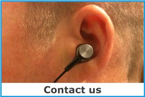 Online Mall Contact us image link of a man's ear with a earphone in it.