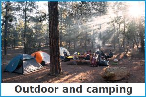 Online Mall Outdoor and camping image link of a campsite with tents in a pine forest.