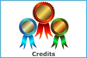 Online Mall Credits image link of what looks to be 3 prize ribbons with the word Credits below them. 